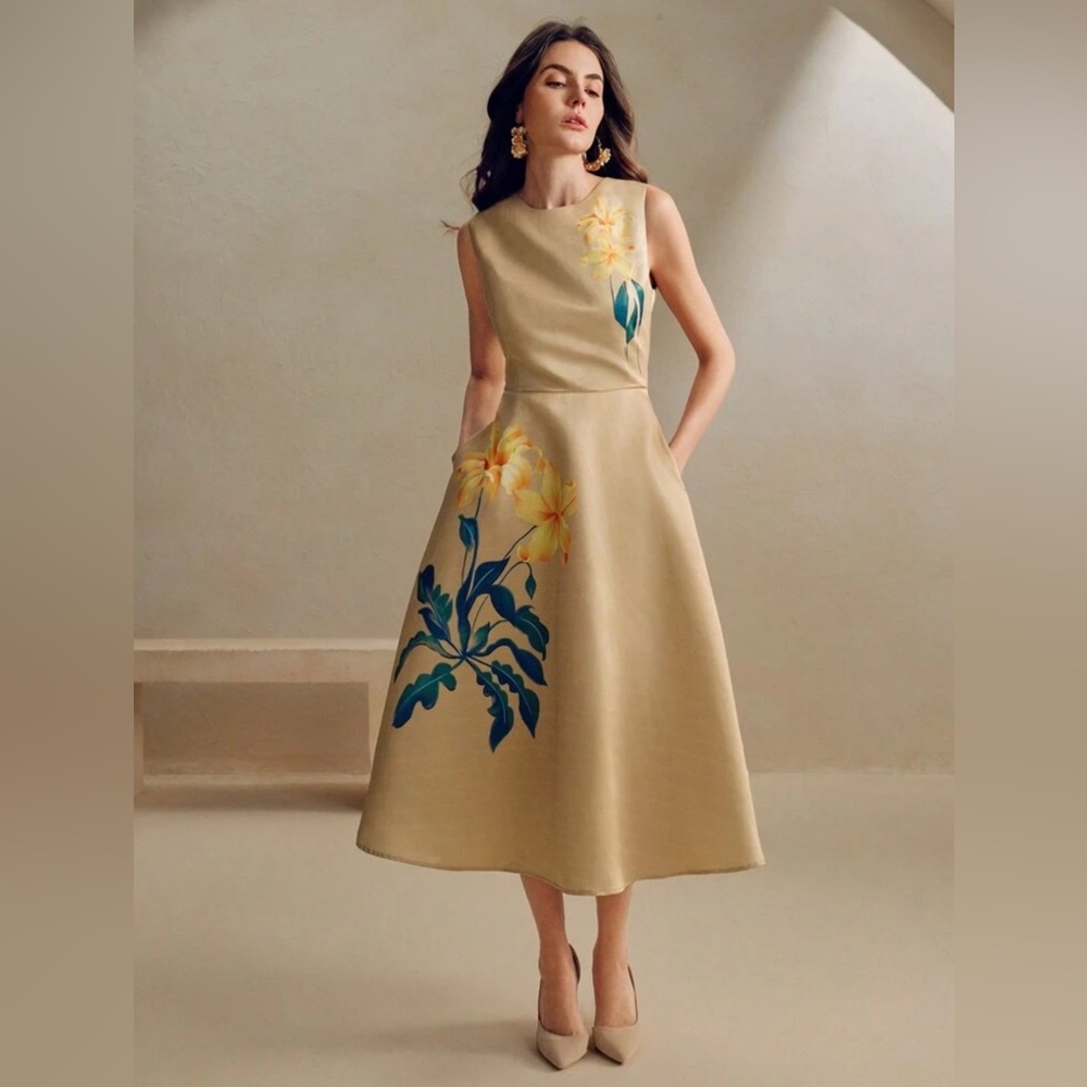 Elegant Floral Beige Dress